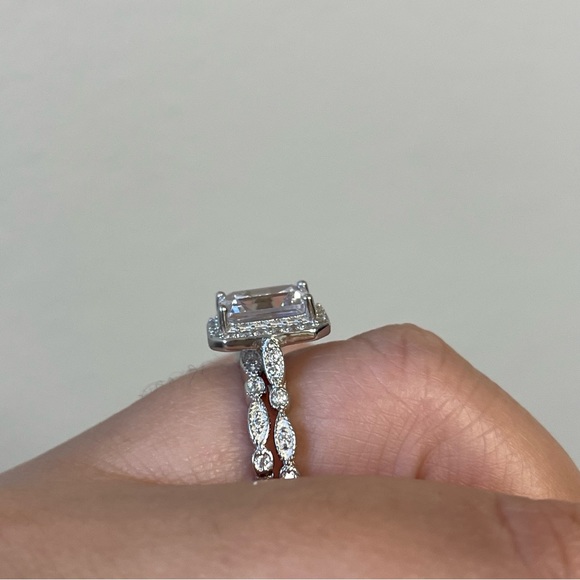 Emerald Cut Engagement Ring Set, Bridal Set, Sterling Silver with Sparkling CZ - Picture 6 of 10